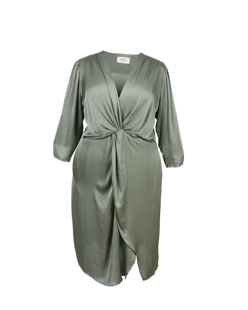 Front of a size 18 Elvie Knot Waist Cut Away Dress in Olive by MAYES NYC. | dia_product_style_image_id:248387